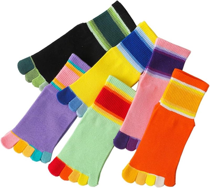 Antcher Girls Seamless Socks Rainbow Stripes Five Finger Cotton Toe Socks Kids School Crew Socks 6 Pack - Image 2